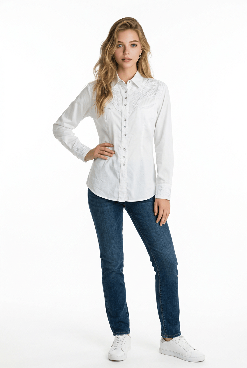 Women's Vintage White-on-White Tooling Embroidered Western Shirt