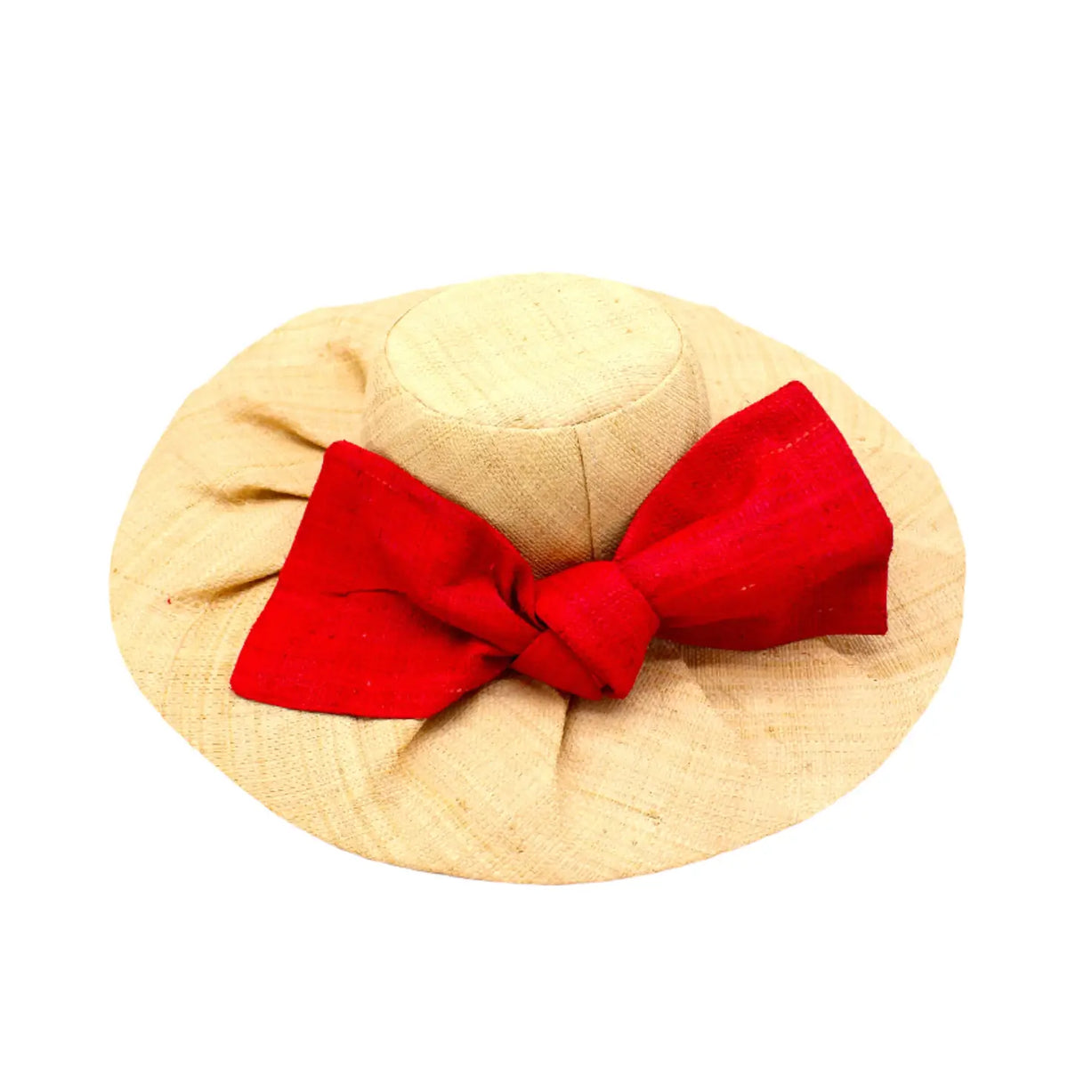 Natural & Red 5" Brim Lilly Fan Pleated Straw Sun Hat with Big Bow