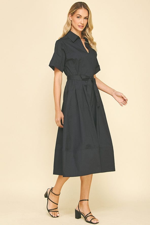 Pinch Short Sleeve Tie Belt Cotton Midi Dress in Ink