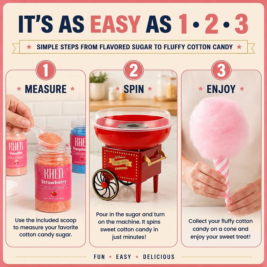 KHEN cotton candy maker set with paper cones, scoops and treat bags