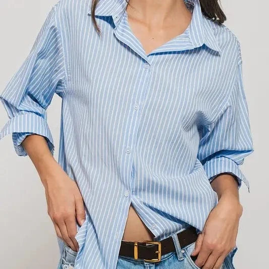 Urban Daizy Urban Daizy Twill Tape Button Down Oversized Stripe Shirt in Blue Stripe - Little Miss Muffin Children & Home