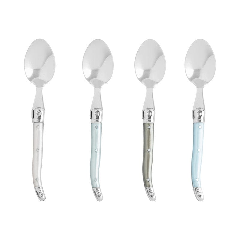 Four silver spoons with light blue handles on a white background