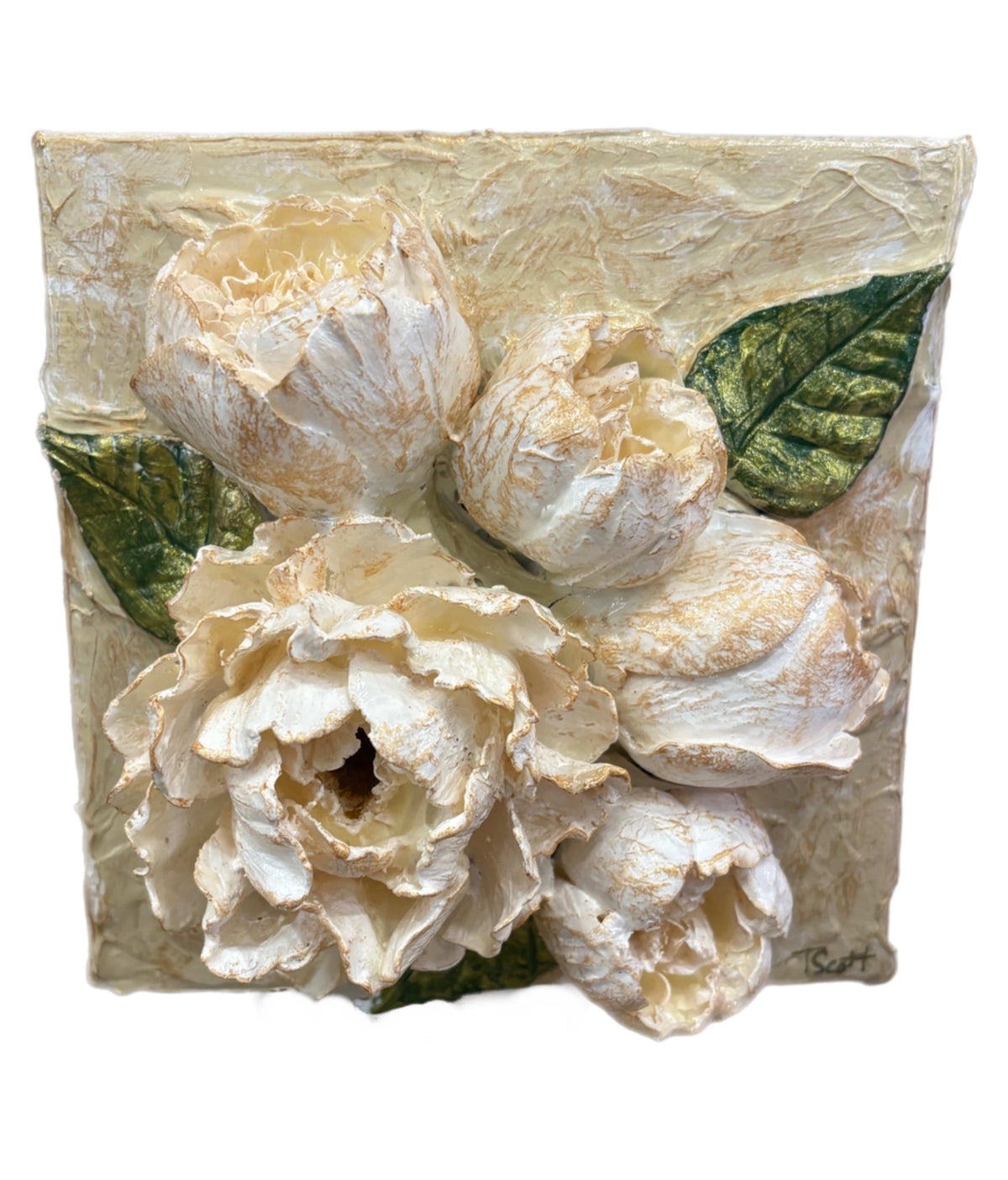 6x6 Clay Floral Open White Peony with Buds Bouquet Artwork