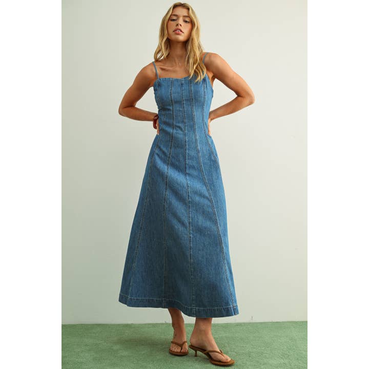 denim midi maxi dress Paneled Washed Washed Denim / S Color:Baby Blue 2 SomewhereWarmer 100% cotton denim with alo light blue polo