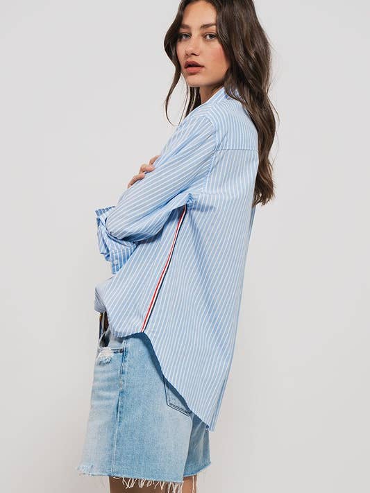 Urban Daizy Urban Daizy Twill Tape Button Down Oversized Stripe Shirt in Blue Stripe - Little Miss Muffin Children & Home