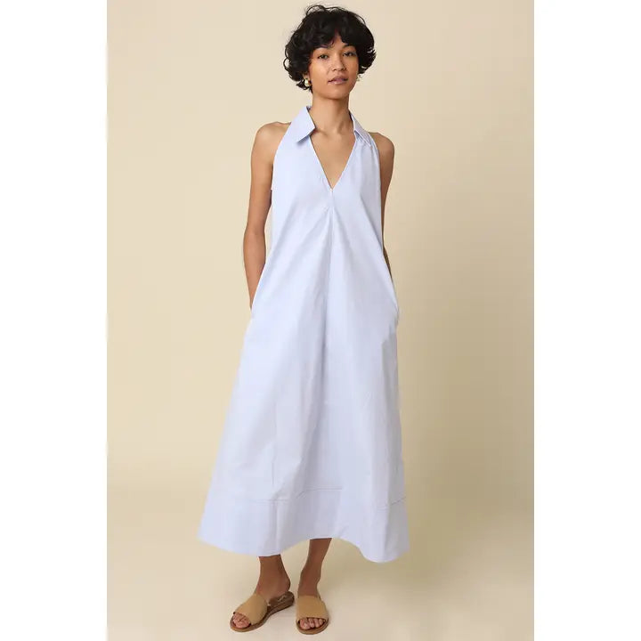 Clara Collared A-Line Maxi Dress in Light Blue