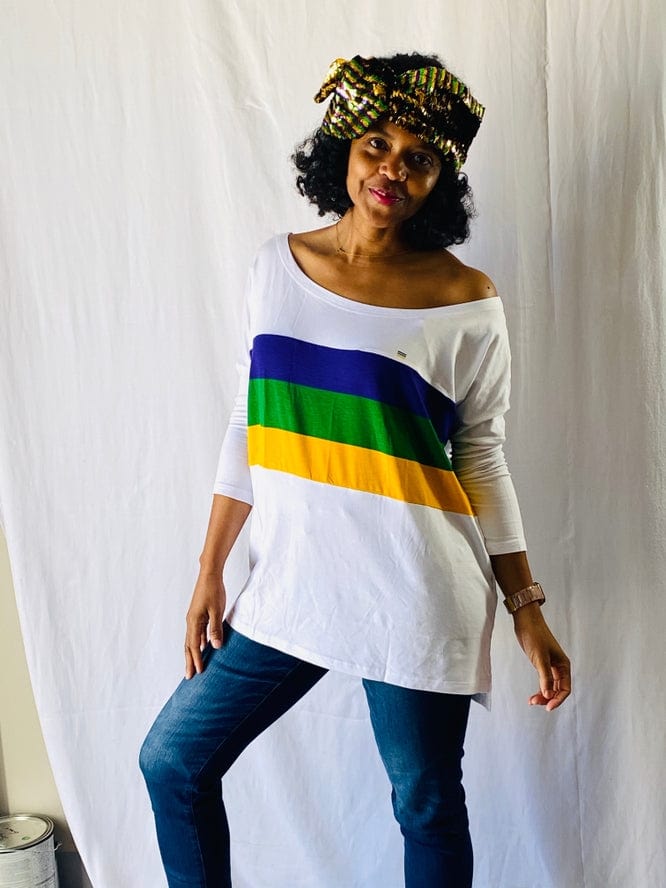 Mardi Gras Creations Mardi Gras Creations Mardi Gras Stripe Off Shoulder Jersey Top in Off White - Little Miss Muffin Children & Home