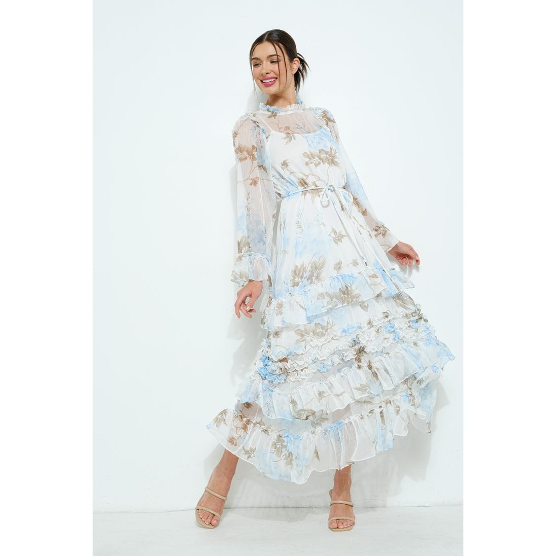 Floral Chiffon Layered Ruffle Skirt Maxi Dress Floral Chiffon Layered Ruffle Skirt Maxi Dress