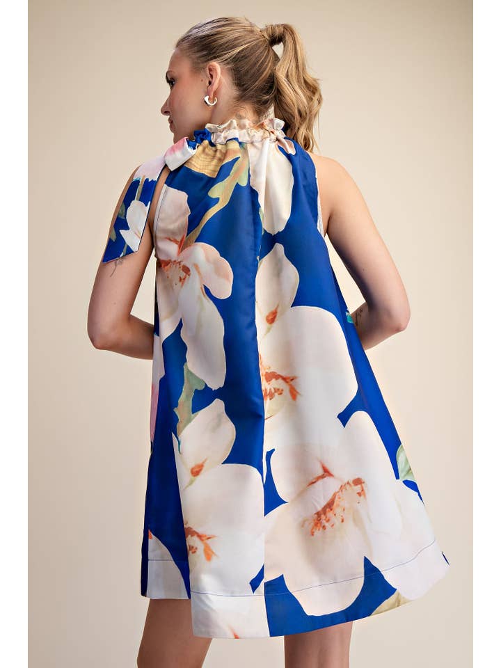 Floral Print Ruffle Tie Neck Sleeveless Mini Dress