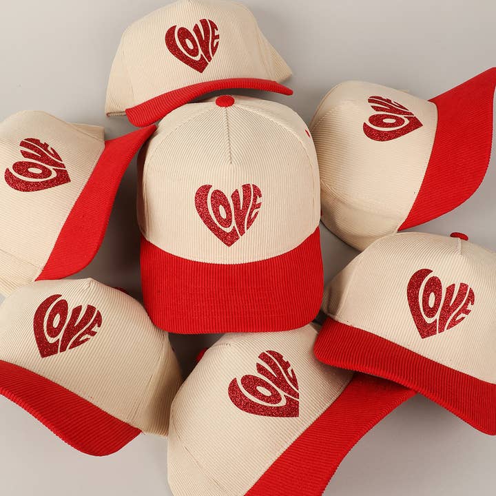 Fashion City Fashion City Heart Love Glitter Logo Two-Tone Corduroy Cap, Red - Little Miss Muffin Children & Home