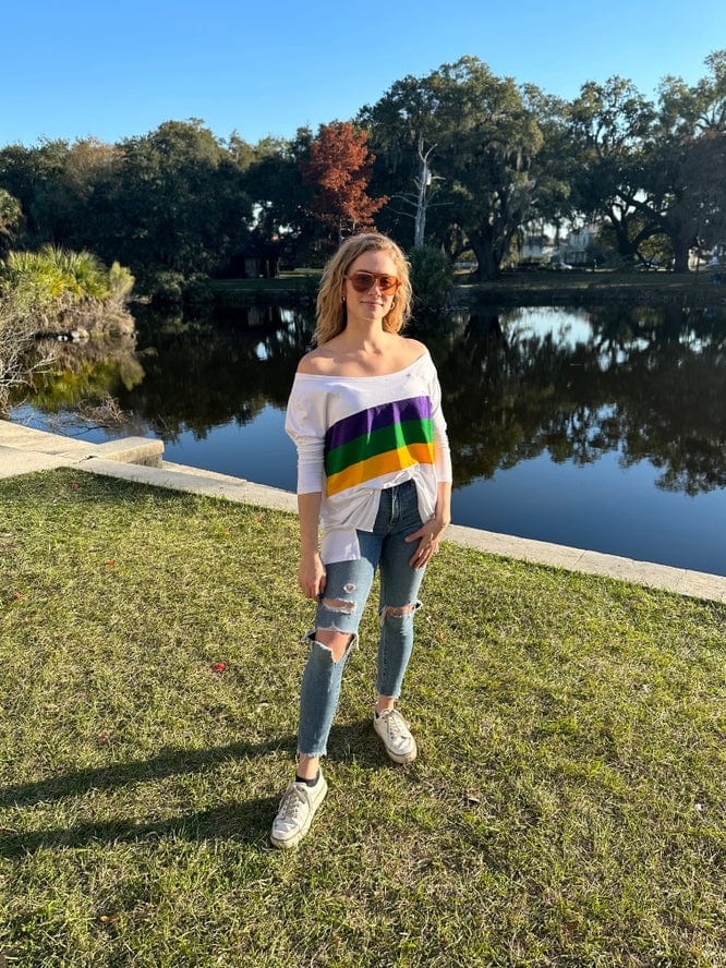 Mardi Gras Creations Mardi Gras Creations Mardi Gras Stripe Off Shoulder Jersey Top in Off White - Little Miss Muffin Children & Home