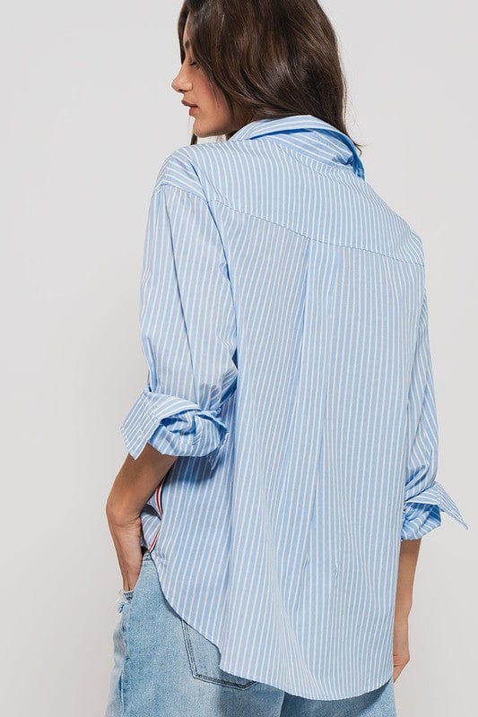 Urban Daizy Urban Daizy Twill Tape Button Down Oversized Stripe Shirt in Blue Stripe - Little Miss Muffin Children & Home