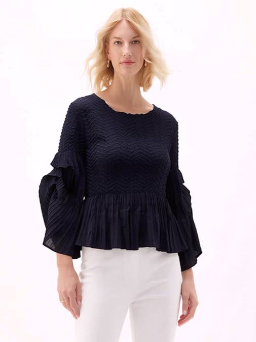 Pleated Blouse Top with Flared Sleeves & Sweep in Black