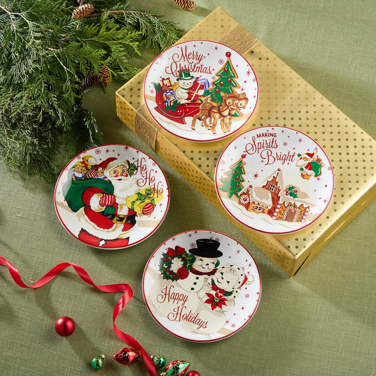 Santa's Retro Christmas 9" Dessert Plate, 4 Available Styles
