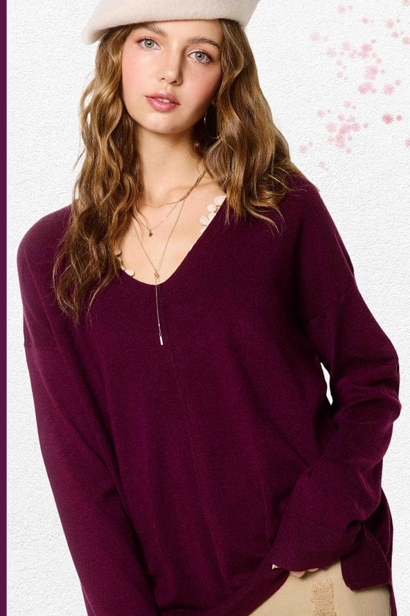 La Miel La Miel Lightweight V-Neck Sweater in Plum - Little Miss Muffin Children & Home