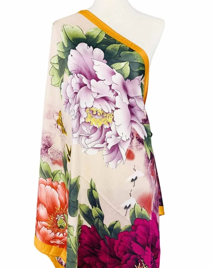 JC Sunny Fashion JC Sunny Silk-Feeling Purple-Multi Peony & Crane Scarf - Little Miss Muffin Children & Home