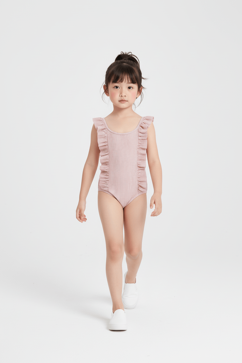 Ruffled Spandex Swimsuit in Coral Seersucker