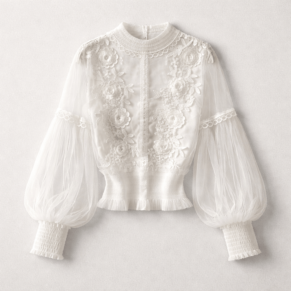Sheer Vintage Mesh Balloon Sleeve Top with Cami in White
