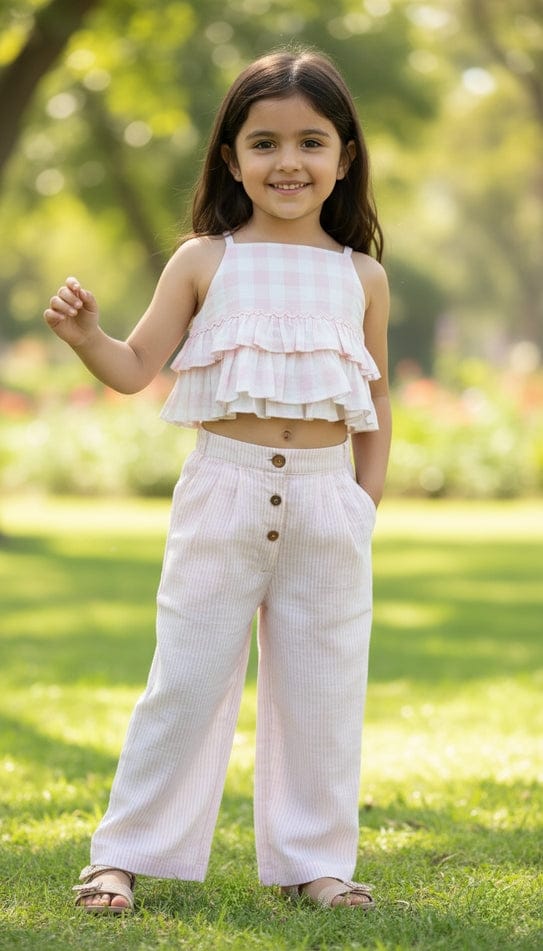 Pastel Yellow Check Girls Ariana Top and Pant Set