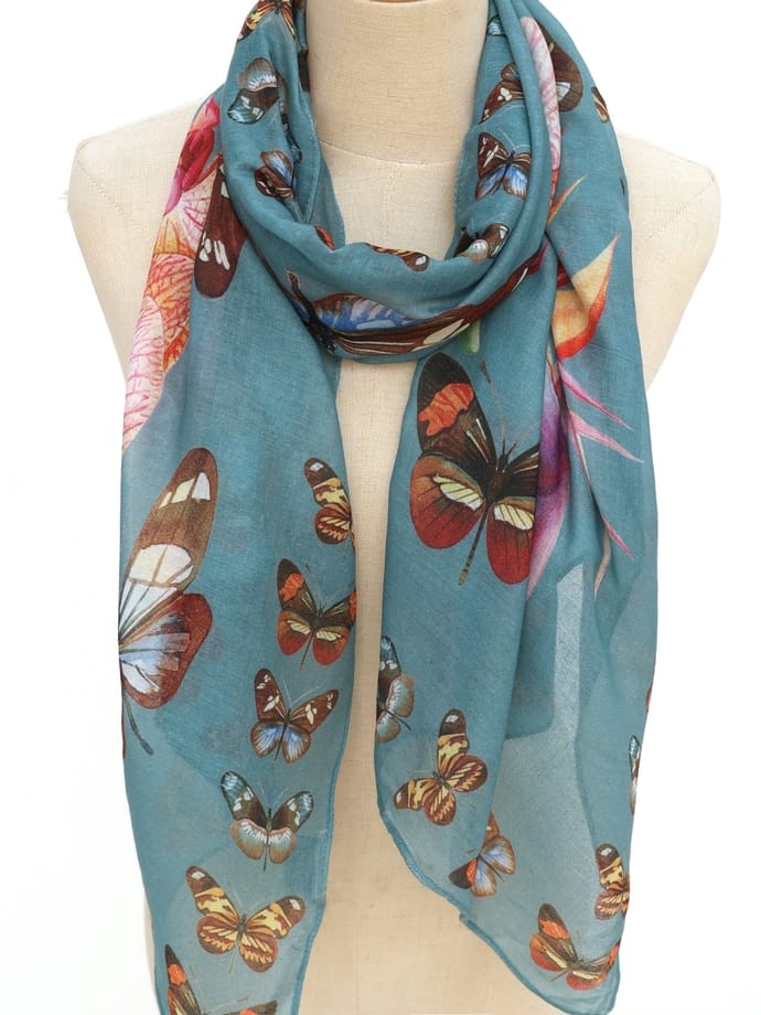 Teal-Multi Butterfly Orchid Bird of Paradise Floral Scarf