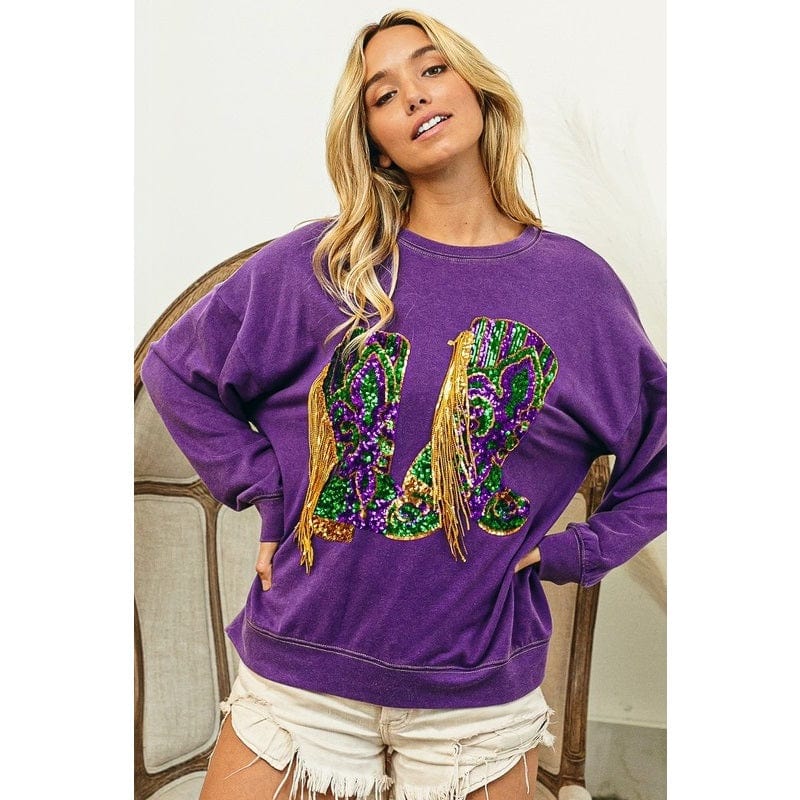 Ive Ive Sequin Mardi Gras Boots with Fringe Trim Pullover in Vintage Violet - Little Miss Muffin Children & Home