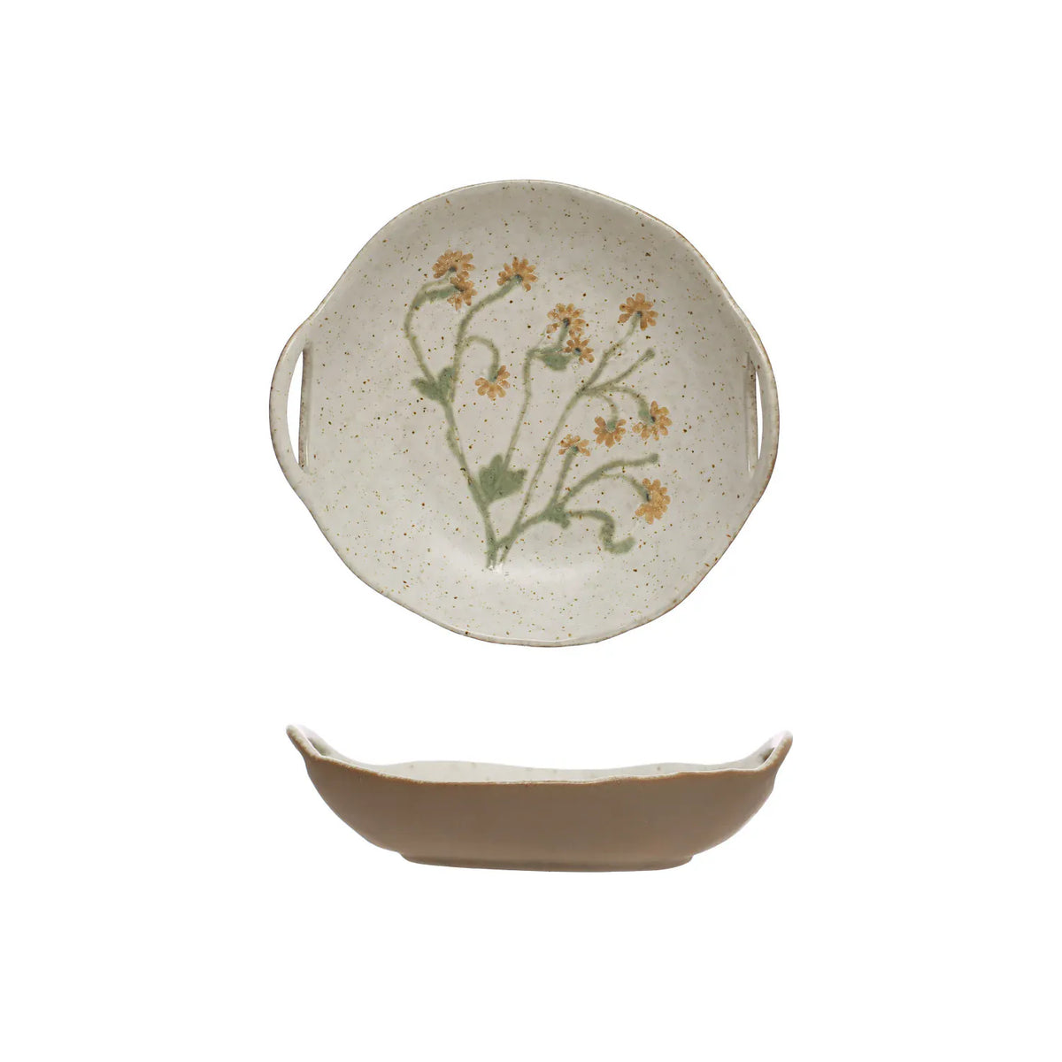 Hand-Painted Stoneware Bowl with Handles & Botanicals (Each One Will Vary)