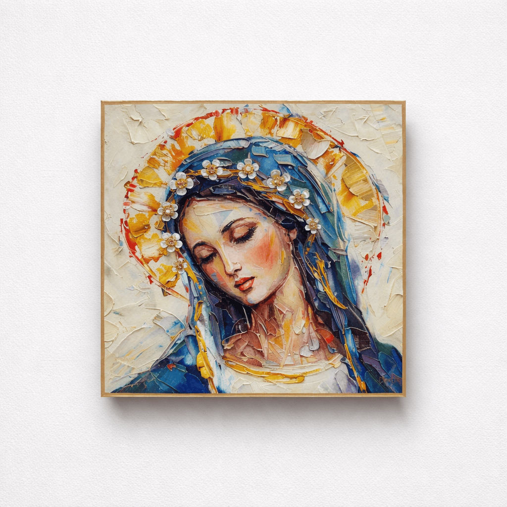 Mother Mary Looking Left Resin with 3D Flowers 8x8