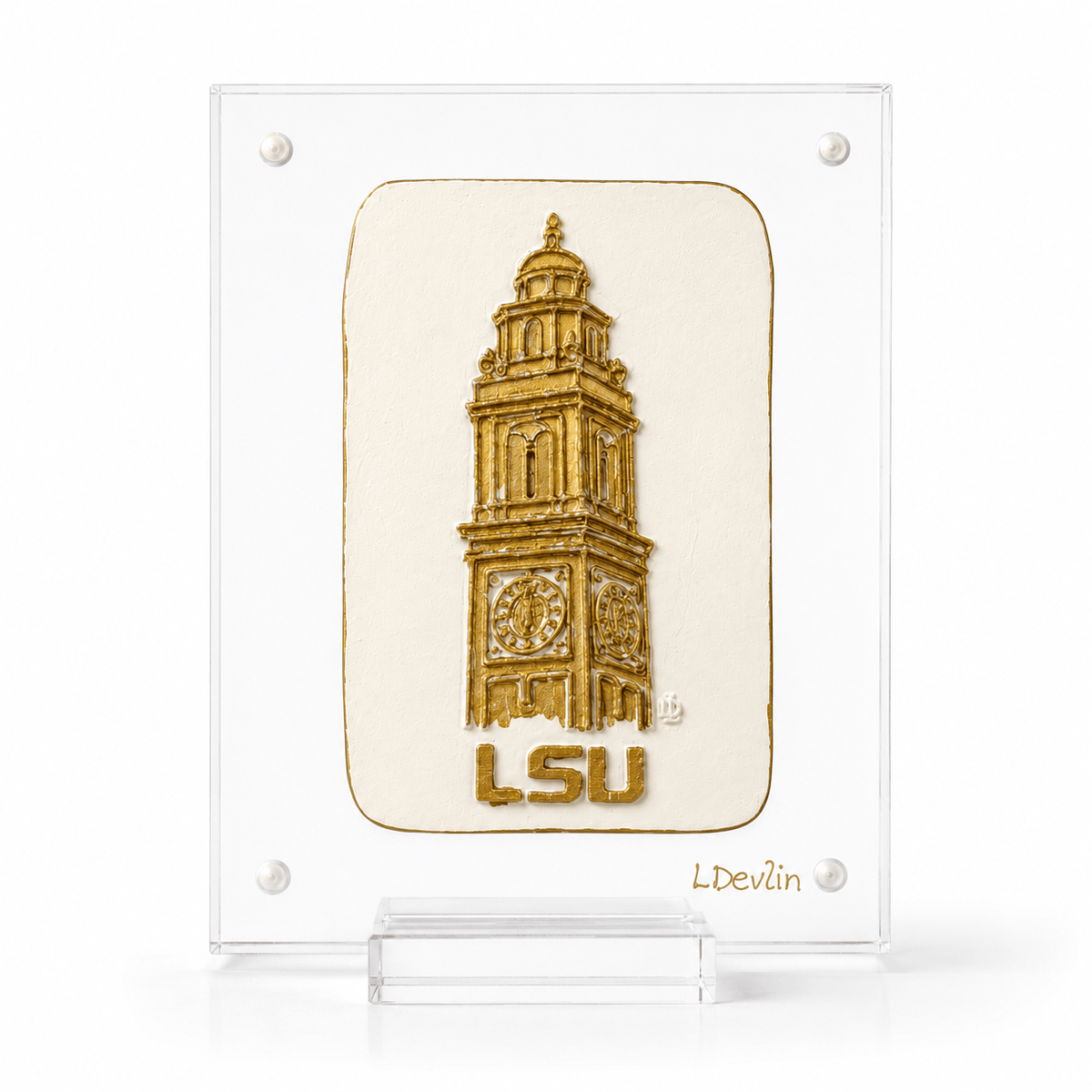LSU Clay Piece on Acrylic – Handcrafted Wall Art by Lisa Devlin
