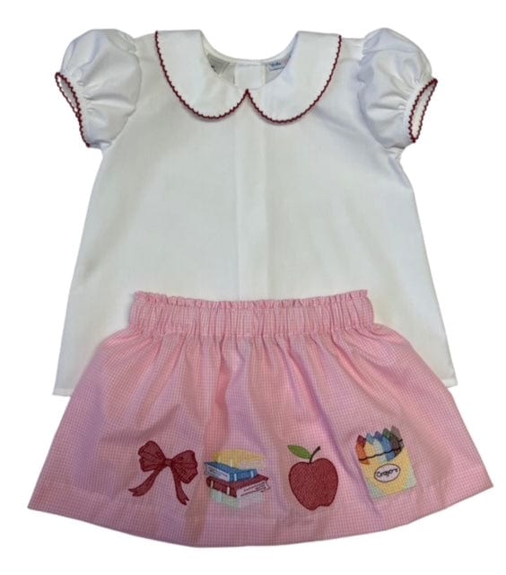 Lulu Bebe Olivia Back to School Embroidered Pink Gingham Skirt Set - Little Miss Muffin Children & Home