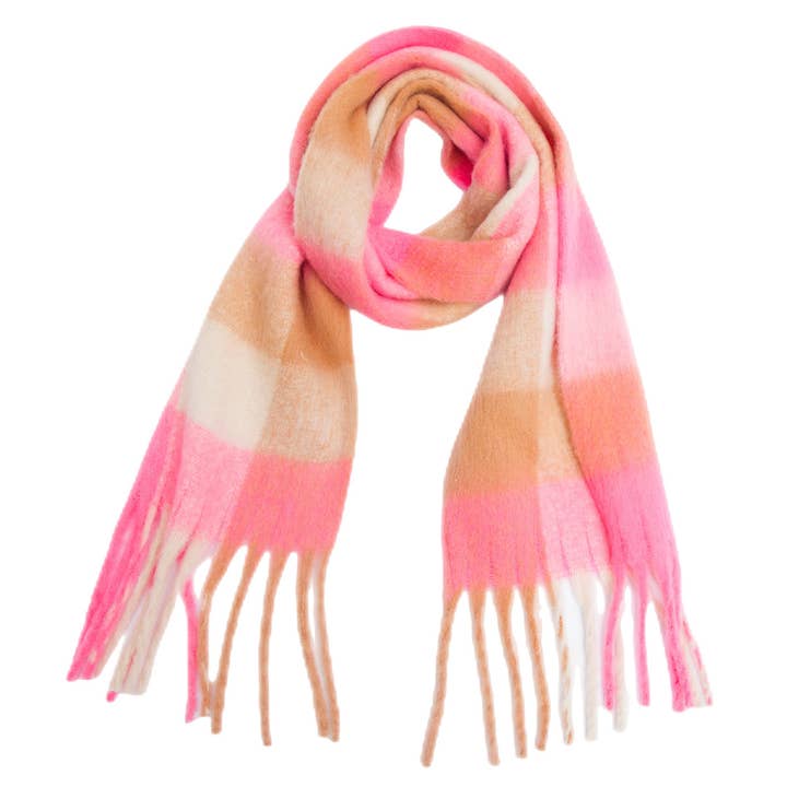 Pink/Yellow Chunky Plaid Mohair-Look Scarf with Fringe