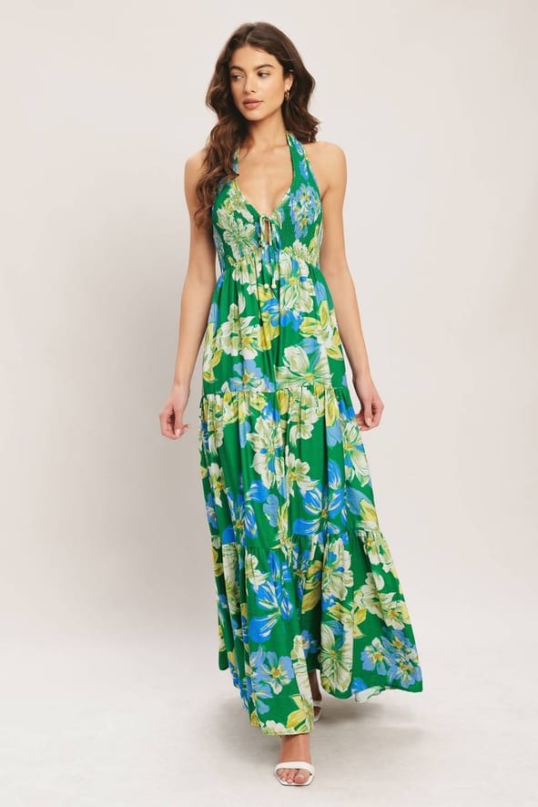 Green Palm Shore Print Woven Maxi Dress