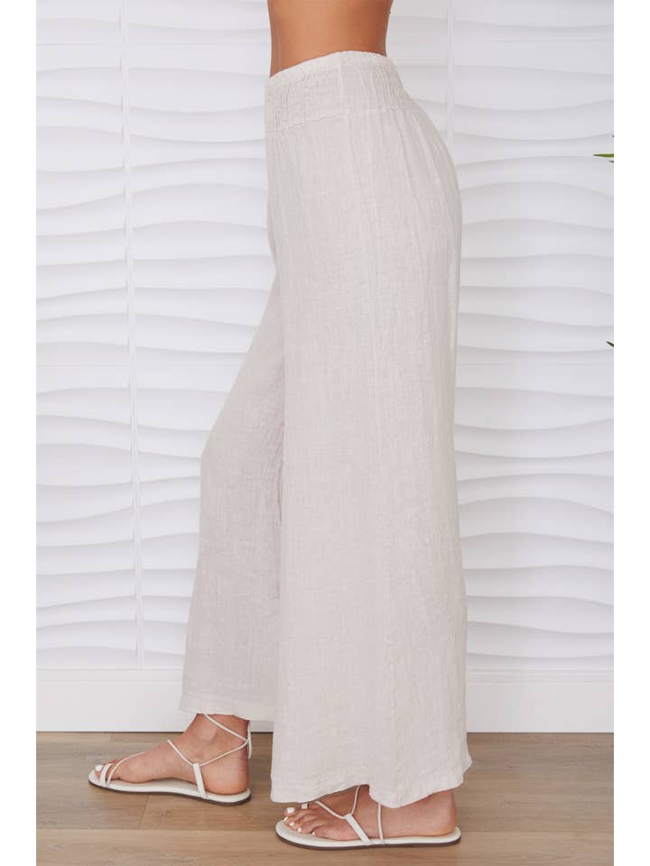 Linen Smocked Waist Palazzo Pants in Beige
