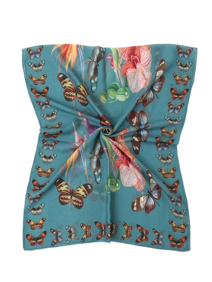 Teal-Multi Butterfly Orchid Bird of Paradise Floral Scarf