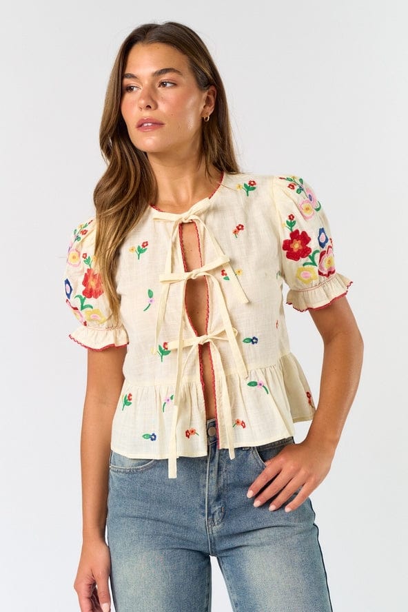 Lalavon Lalavon Tie Front Embroidered Top - Little Miss Muffin Children & Home