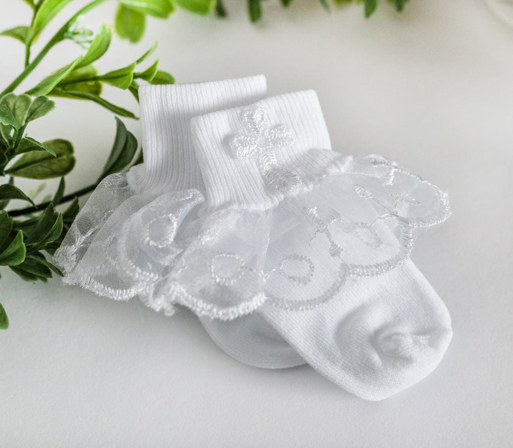 Cherished Moments White Baby Lace Baptism or Christening Socks with Cross - Little Miss Muffin Children & Home