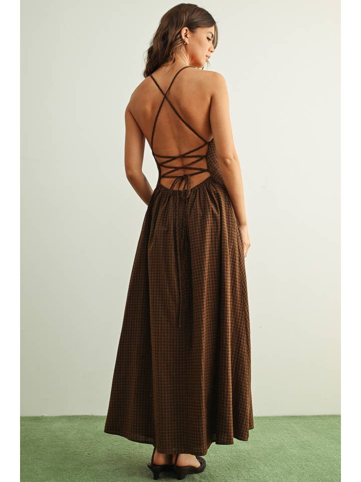 brown gingham halter dress Maxi Featuring a sleek strapless