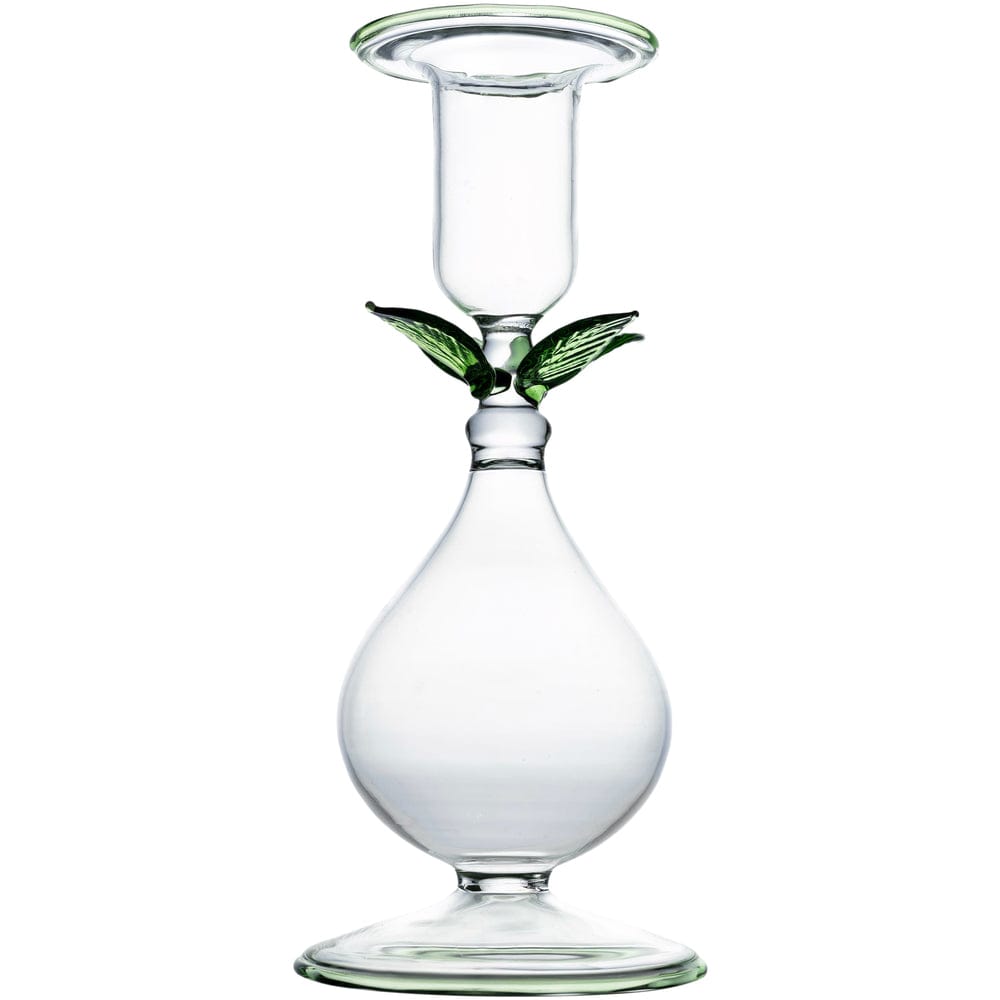 La BoHeme Clear Candlestick with Green Leaves