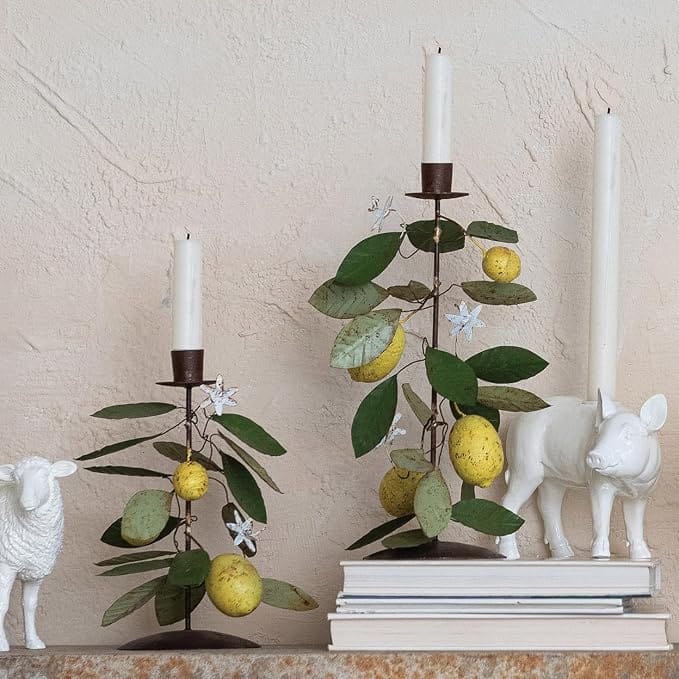Citrus Grove Lemons & Leaves Metal Taper Candle Holder, 2 Available Sizes
