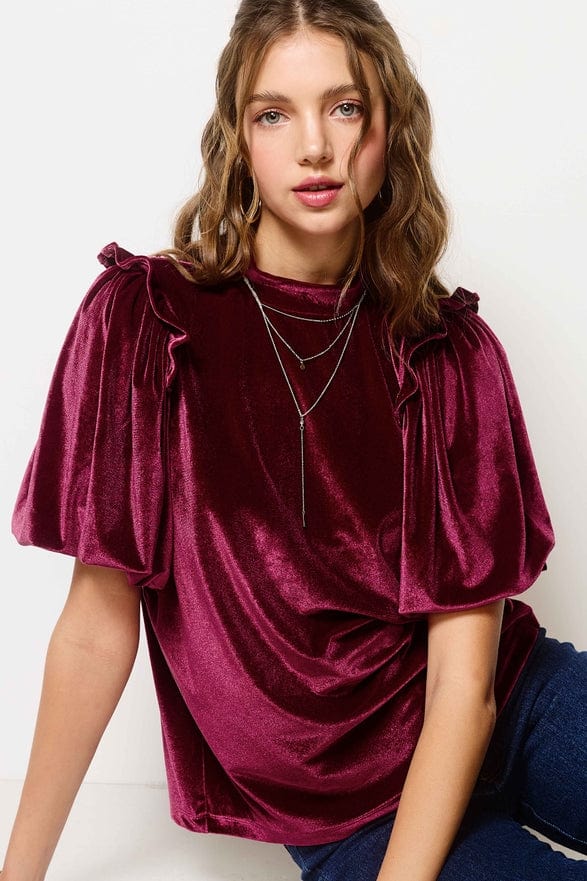 La Miel La Miel Short Sleeve Velvet Top in Garnet - Little Miss Muffin Children & Home