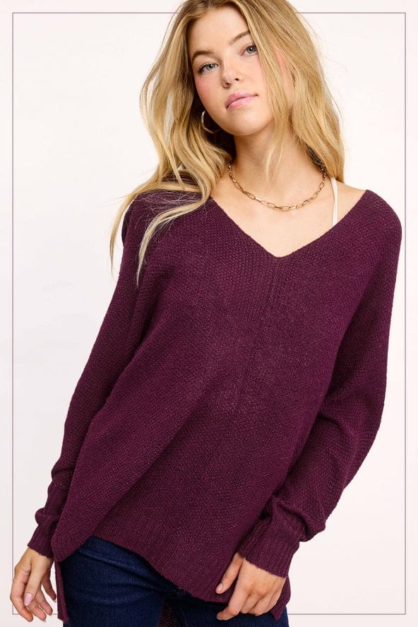La Miel La Miel Lightweight Loose Fit V-Neck Sweater in Plum - Little Miss Muffin Children & Home