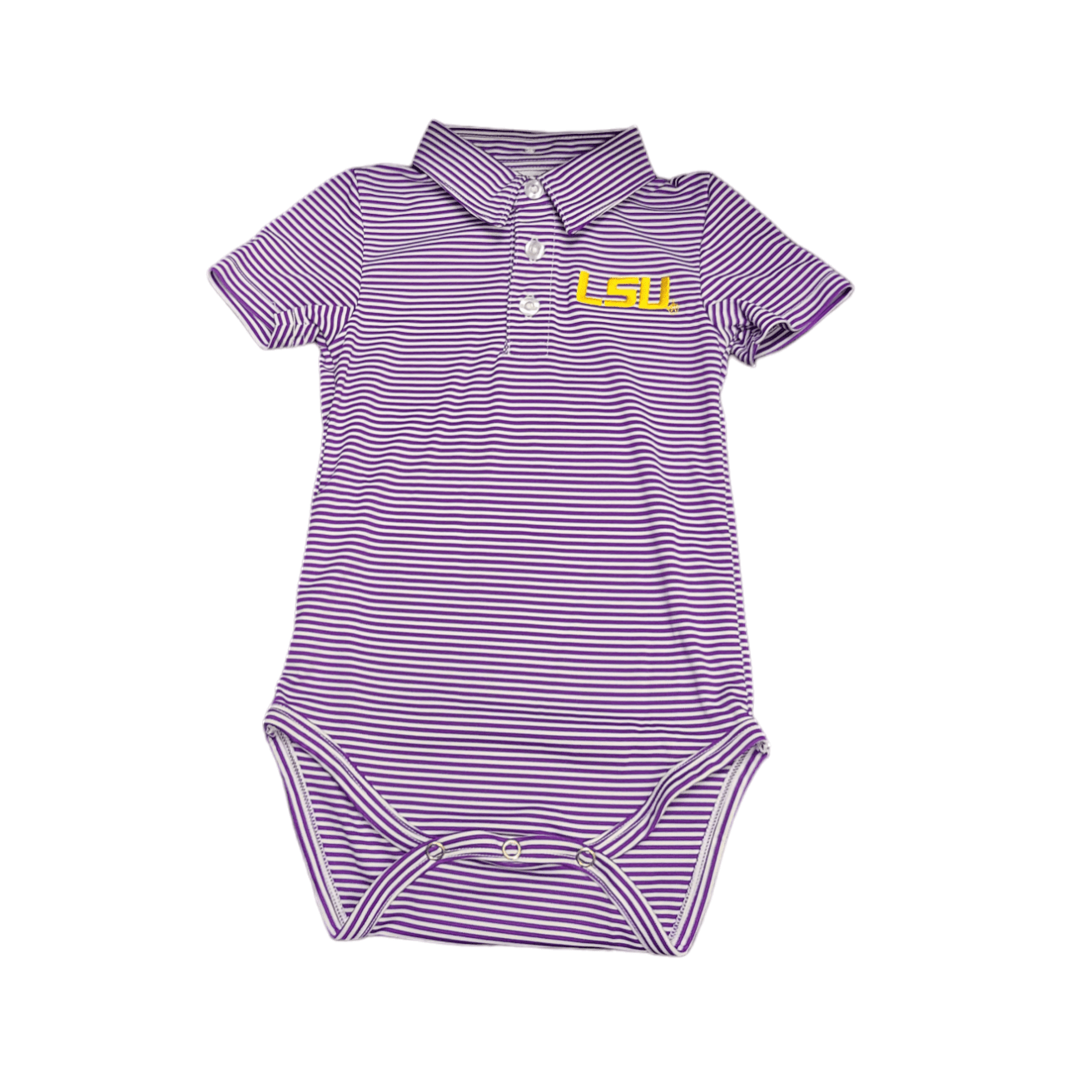 Vive La Fete Vive La Fete Louisiana State University Tigers Embroidered Purple Stripe Knit Polo Onesie - Little Miss Muffin Children & Home