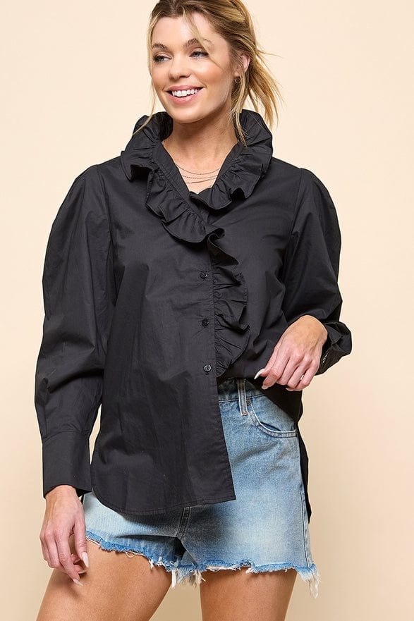 Cezele Cezele Ruffle Collar Button Down Blouse in Black - Little Miss Muffin Children & Home