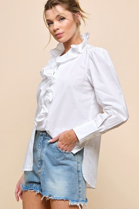 Cezele Cezele Ruffle Collar Button Down Blouse in White - Little Miss Muffin Children & Home