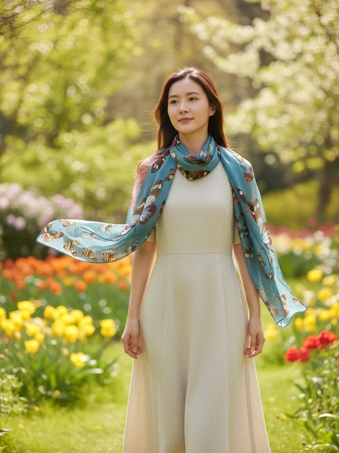 Teal-Multi Butterfly Orchid Bird of Paradise Floral Scarf