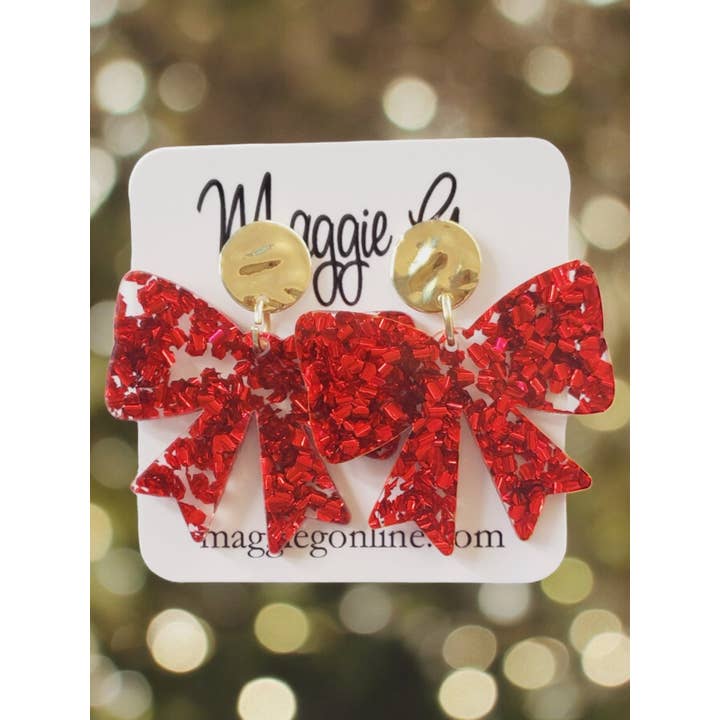 Maggie G Handmade Chunky Red Glitter Bow Christmas Earrings - Little Miss Muffin Children & Home