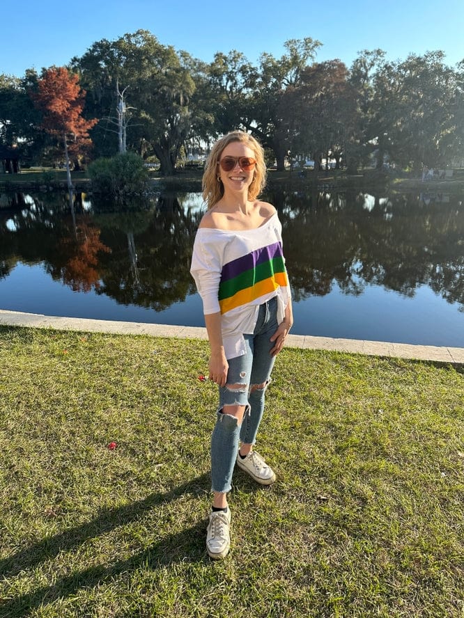 Mardi Gras Creations Mardi Gras Creations Mardi Gras Stripe Off Shoulder Jersey Top in Off White - Little Miss Muffin Children & Home