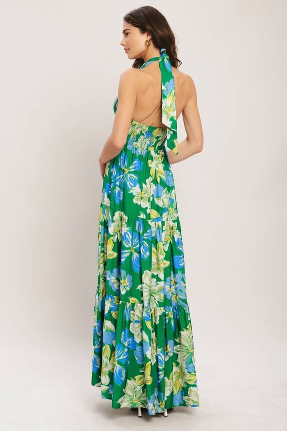 Green Palm Shore Print Woven Maxi Dress