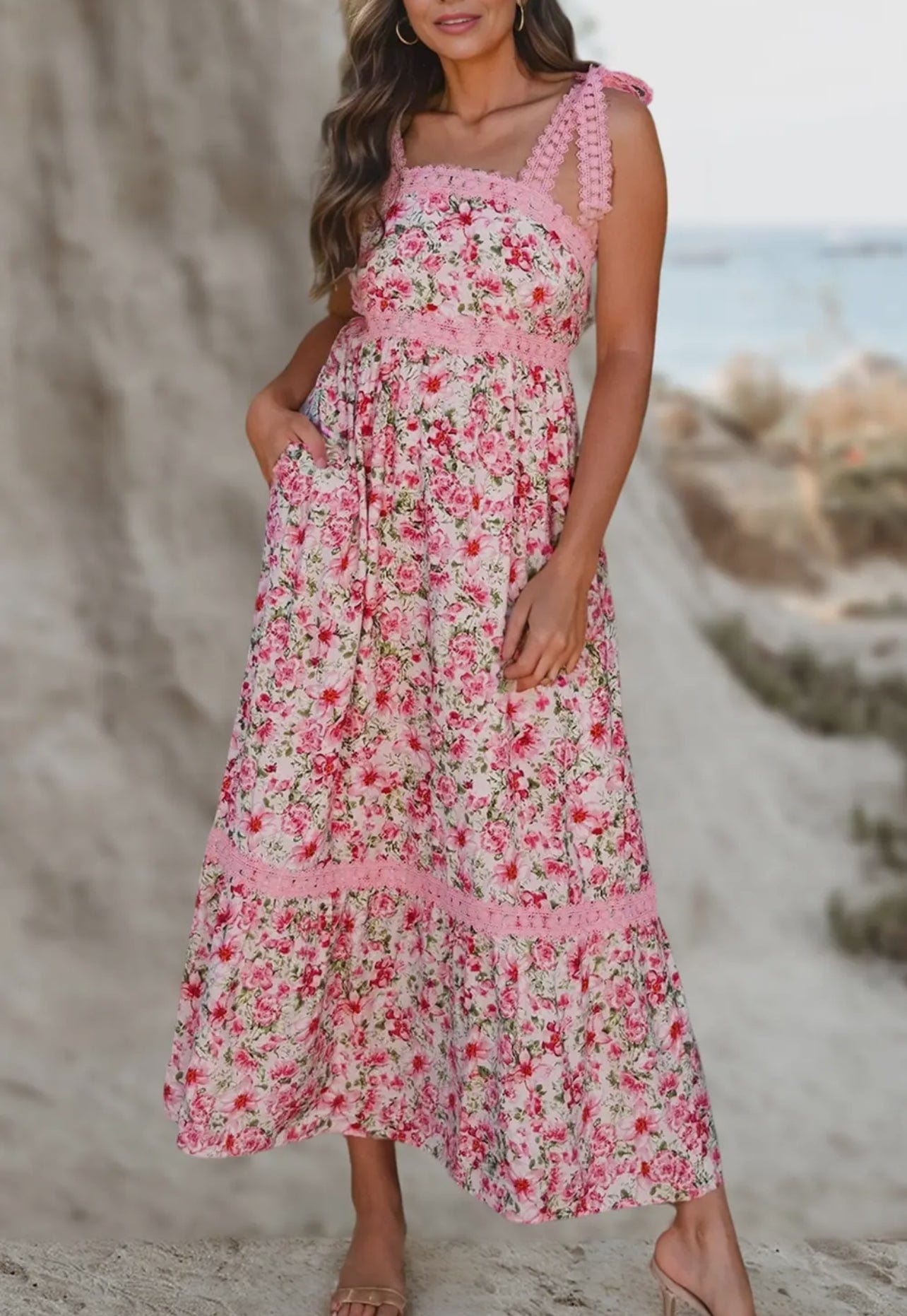 Aapparella Floral Lace Tied Strap Empire Waist Maxi Dress