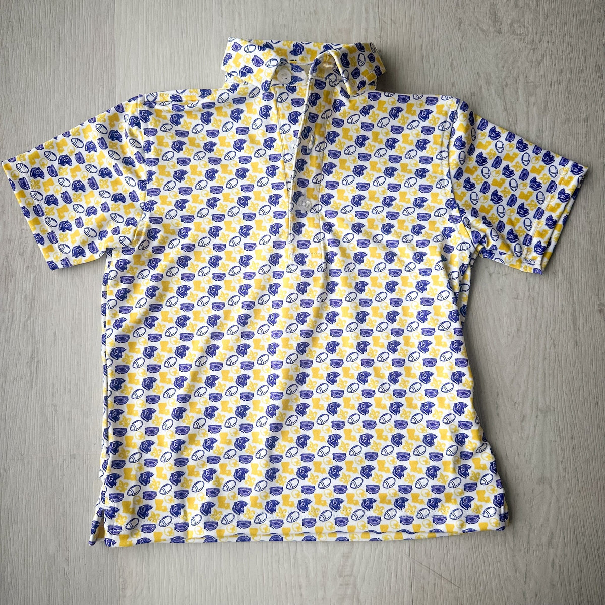 Bald Head Blues Fighting Tiger Purple & Gold All-Over Print on White Youth Albatross Polo - Little Miss Muffin Children & Home