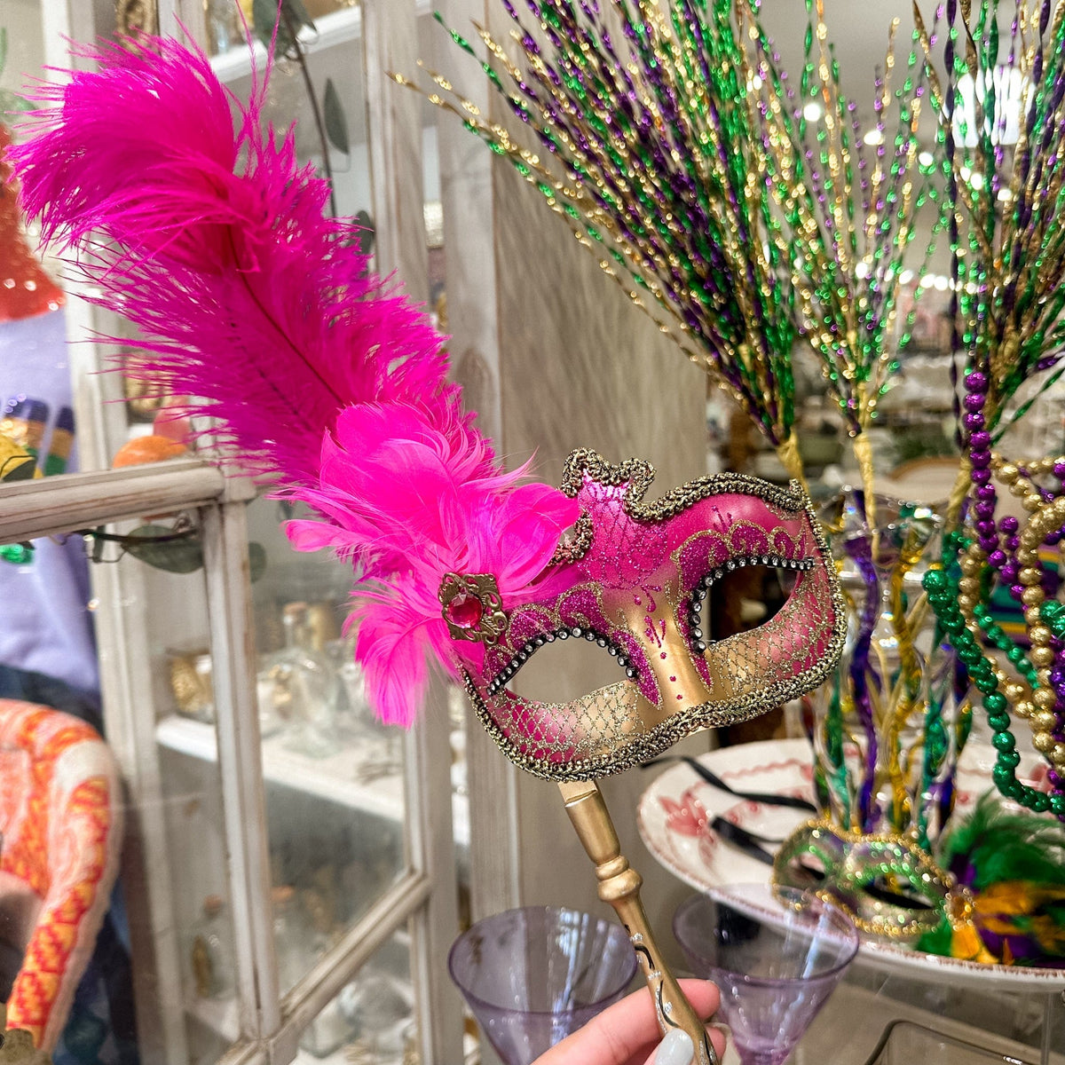 Mardi Gras Creations Hot Pink & Gold Anarkali Mask with Feathers & Detachable Stick - Little Miss Muffin Children & Home